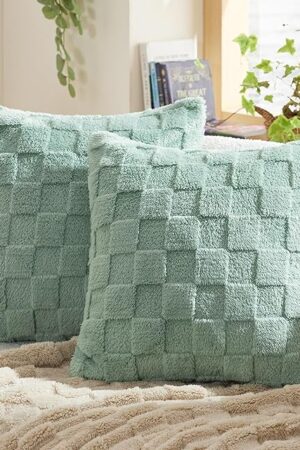 Bedsure Sage Green Throw Pillow Covers 18x18 Set of 2, Soft Decorative Fluffy Checkered Spring Sofa Pillow Covers, Home Decor for Living Room Couch Bed