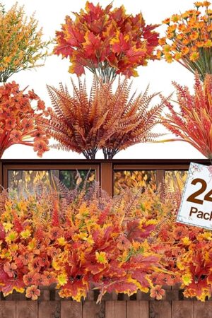 24 Bundles 6 Styles Artificial Fall Flowers Plants for Outdoors Fall Decor, Fake Faux Flower Autumn UV Resistant Orange Mums Maple Leaves Wheat Boston Fern Lavender for Thanksgiving Outside Porch Home