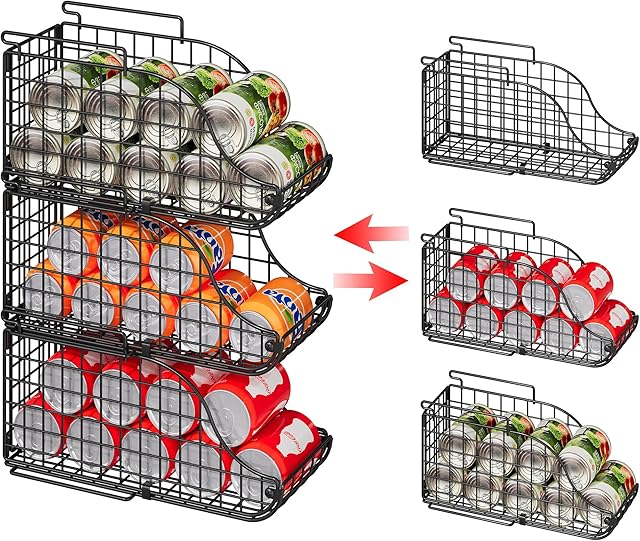 Standing Can Dispenser Bin 3-Pack, Stackable Beverage Drink Pop Soda Can Storage Organizer Basket with Handles, Foldable Canned Food Holder for Kitchen Pantry Countertop Cabinet Patent Pending