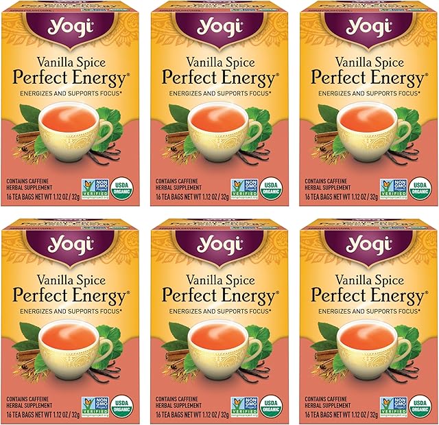 Yogi Tea Vanilla Spice Perfect Energy Tea - 16 Tea Bags per Pack (6 Packs) - Organic Vanilla Energy Tea - Focus Tea - Includes Green Tea, Black Tea, Ashwagandha, L-Theanine & More