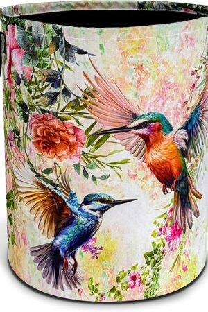 Beautiful Hummingbird Laundry Basket Bird Flower Foldable Oxford Cloth Funny Tote Bag Laundry Hamper Clothes Storage Bucket Toy Organizer For Bathroom/Laundry Storage/Bedroom 18.9x16.5 Inch