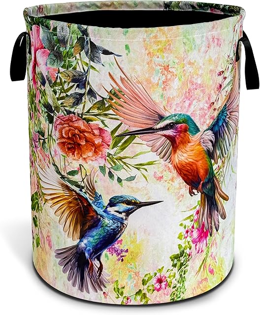 Beautiful Hummingbird Laundry Basket Bird Flower Foldable Oxford Cloth Funny Tote Bag Laundry Hamper Clothes Storage Bucket Toy Organizer For Bathroom/Laundry Storage/Bedroom 18.9x16.5 Inch
