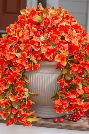 Bougainvillea Artificial Flowers Plants for Outdoors Outside Fall Autumn Decor, 2 pcs Faux Silk Long Trailing Vines UV Resistant Look Real Orange Fake Flowers for Front Door Porch Planter Urn Patio
