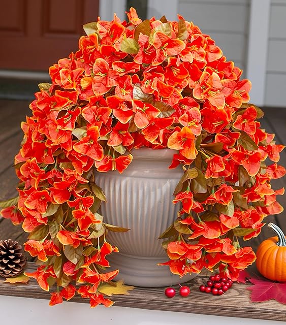 Bougainvillea Artificial Flowers Plants for Outdoors Outside Fall Autumn Decor, 2 pcs Faux Silk Long Trailing Vines UV Resistant Look Real Orange Fake Flowers for Front Door Porch Planter Urn Patio