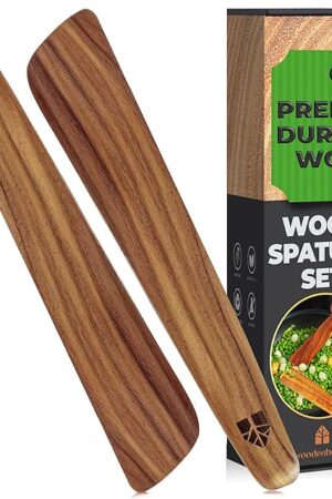 12 inch Teak Wooden Spatula with Comfortable Grip - Sturdy & Durable - Set of 2 Small Wood Spatula for Cooking, Flat Turner, Wooden Cooking Utensils, Perfect for Flipping & Scraping on Cast Iron