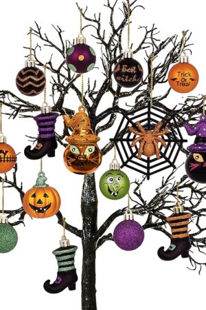 Valery Madelyn Halloween Ornaments Tree Decorations, 24ct Shatterproof Cats Jack-o'-Lantern Pumpkin Vintage Decorative Hanging Ball Ornaments Set for Small Tree, Cute Holiday Party Indoor Home Decor