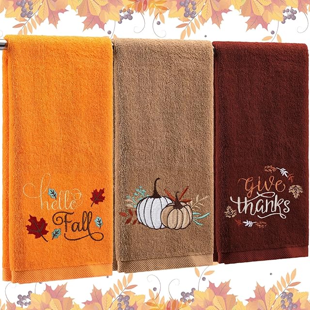 3 Pcs Fall Hand Towels for Bathroom 13.8 x 29.5 Inch Autumn Decorative Bath Towels Sets 100% Cotton Embroidered Pumpkin Maple Thanksgiving Bathroom Decor(Orange and Brown,Pumpkin)