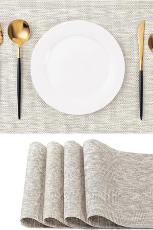 CADONO Placemats Set of 4 Washable Indoor/Outdoor Vinyl Place Mats for Dining Table Durable Non-Slip Heat Resistant PVC Weave Table Mats（Beige）