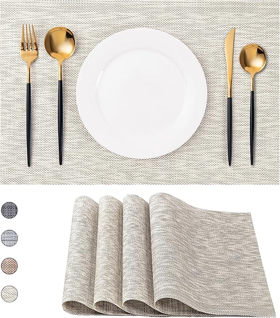 CADONO Placemats Set of 4 Washable Indoor/Outdoor Vinyl Place Mats for Dining Table Durable Non-Slip Heat Resistant PVC Weave Table Mats(Beige)
