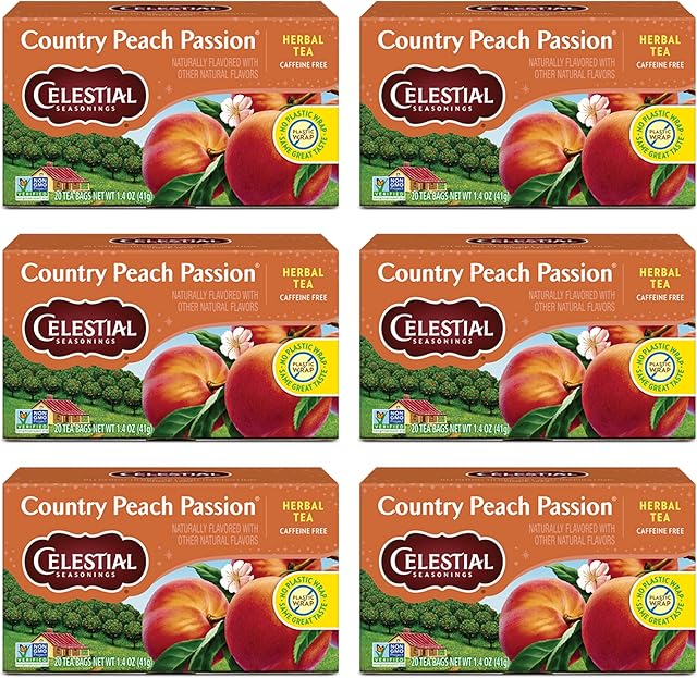 Celestial Seasonings Country Peach Passion Herbal Tea, Pack of 6 | Caffeine Free | 20 Tea Bags Box