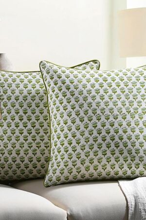 CPC 100% Cotton Throw Pillow Covers 20x20 Inch, Set of 2 Green Block Print Pattern Couch Pillow, Cute Boho Decorative Pillows for Living Room, Bedroom with Hidden Zipper- Emerald Green