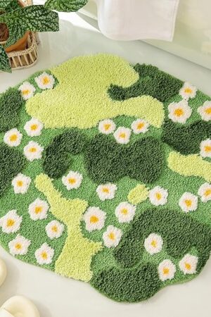 YIKUSH Moss Bath Mat Green Bathroom Rug Small White Flowers Bedroom Kitchen Floral Bathtub Mat
