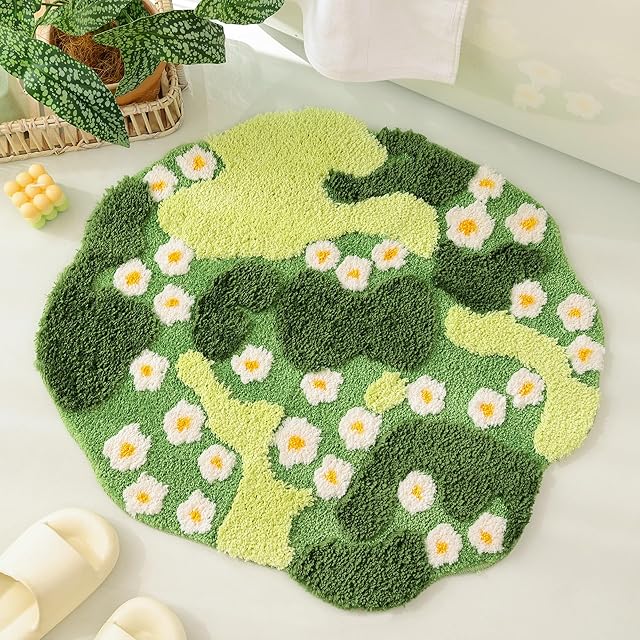 YIKUSH Moss Bath Mat Green Bathroom Rug Small White Flowers Bedroom Kitchen Floral Bathtub Mat