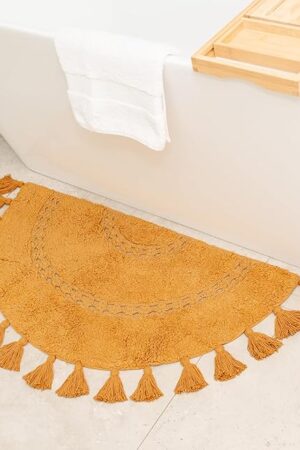 Boho Bathroom Rugs - Half-Circle Cotton Rug with Crochet Insert, Tassels & Non-Slip Backing - Soft Bohemian Bath Mat for Bathroom, Bedroom or Entryway - Yellow Mustard 42x22