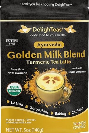 DelighTeas Organic Golden Milk Powder with Turmeric, Ginger, Ceylon Cinnamon | Ayurvedic Spices for Golden Turmeric Latte | Unsweetened, Vegan, Non-GMO, Keto | 120 Servings, 5 oz.