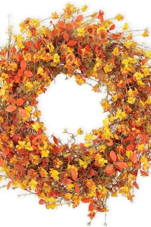 22 Inch Fall Wreaths for Front Door Artificial Orange Eucalyptus Berry Autumn Wreath with Daisy Jasmine Flowers Farmhouse Fall Flower Wreath for Front Door Outside Indoors