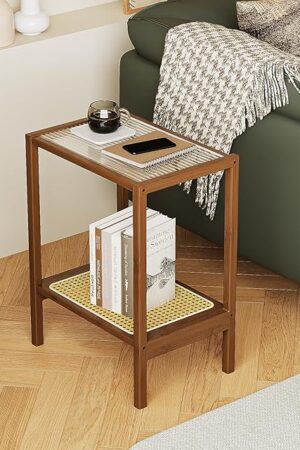 Bamworld Rattan Side Table Living Room Glasstop Night Stand Boho End Table 2-Tier with Storage Mid Century Modern Bedside Table for Small Spaces Narrow Coffee Table Bamboo