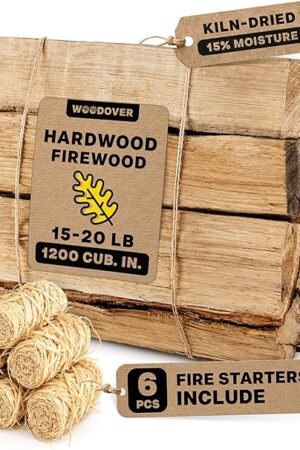 15" Oak Firewood Logs, with Fire Starters Set, Kiln-Dried Wood for Fire Pit, Seasoned Logs for Fireplace, Campfire, Firewood Bundle, Pizza Oven, Split Wood for Solo Stove, 1200 cub. in., 15-20lb