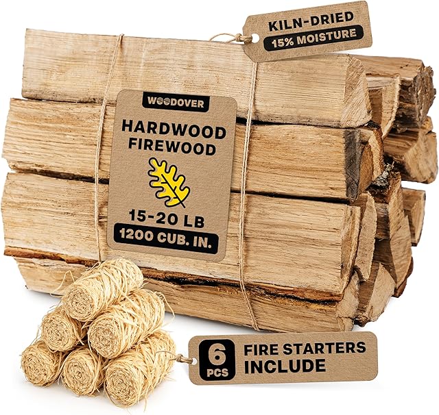 15" Oak Firewood Logs, with Fire Starters Set, Kiln-Dried Wood for Fire Pit, Seasoned Logs for Fireplace, Campfire, Firewood Bundle, Pizza Oven, Split Wood for Solo Stove, 1200 cub. in., 15-20lb