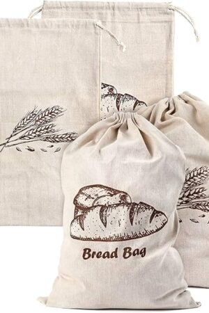 Augshy Linen Bread Bags for Homemade Bread Container, 4 Pcs 17.5 X11.5 Inches Unbleached & Reusable Bread Storage, Natural Large Storage for Artisan Bread