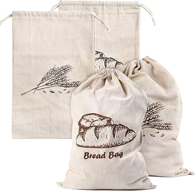 Augshy Linen Bread Bags for Homemade Bread Container, 4 Pcs 17.5 X11.5 Inches Unbleached & Reusable Bread Storage, Natural Large Storage for Artisan Bread