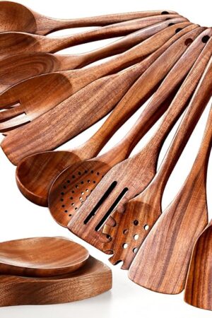 Wooden Spoons for Cooking, 12 Pcs Nonstick Wooden Cooking Utensils Set with Comfort Grip – 100% Natural Teak Wood - Sturdy, Lightweight & Heat Resistant Kitchen Utensils