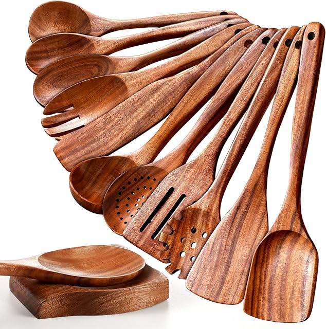 Wooden Spoons for Cooking, 12 Pcs Nonstick Wooden Cooking Utensils Set with Comfort Grip – 100% Natural Teak Wood - Sturdy, Lightweight & Heat Resistant Kitchen Utensils