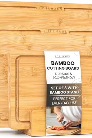 Bamboo Wooden Cutting Boards for Kitchen, Cutting Board Set of 3, Chopping Boards with Juice Groove for Meat, Cheese & Vegetables - Durable, Double sided wood cutting board with serving Compartments