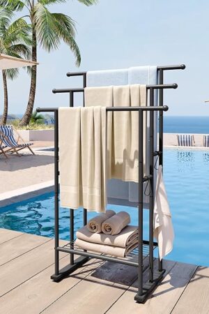 ELYKEN 3 Tier Standing Towel Rack, 40'' Tall Towel Drying Rack Outdoor, Freestanding Floor Towel Rack with Shelf, Pool Towel Blanket Stand, Metal Towel Racks for Bathroom freestanding, Matte Black