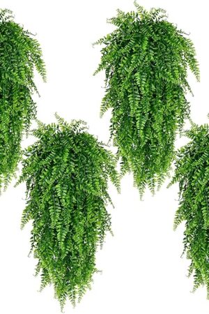 Waipfaru 4Pcs Fake Hanging Plants Artificial Ferns for Outdoors，Fake Ferns UV Resistant Plastic Fake Plants for Indoor Wall Porch Wedding Party Holiday Decor