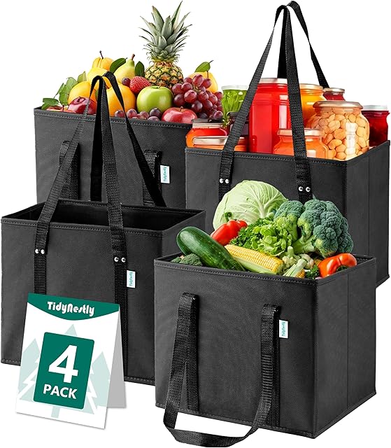 Reusable Grocery Bags Foldable (4 Pack), Heavy Duty Reusable Shopping Bags with Handles, Stand Up Large Tote Bag with Box Shape, Collapsible Utility Tote, Black