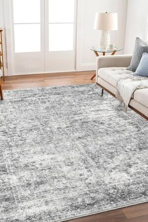 Area Rug 4x6 Washable Rug Gray Vintage Traditional Floor Cover Foldable Thin Retro Accent Indoor Distressed Non Slip Carpet Floral Print Mat Bedroom Living Room Bathroom