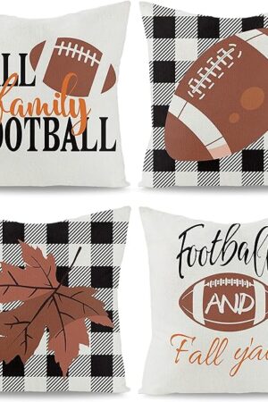 WATINC 4Pcs Fall Football Throw Pillow Covers Y’all Family Maple Leaves Buffalo Check Pillowcase Autumn Linen Cushion Cases Thanksgiving Farmhouse Party Decorations for Sofa Couch Bed Car 18 x 18 Inch