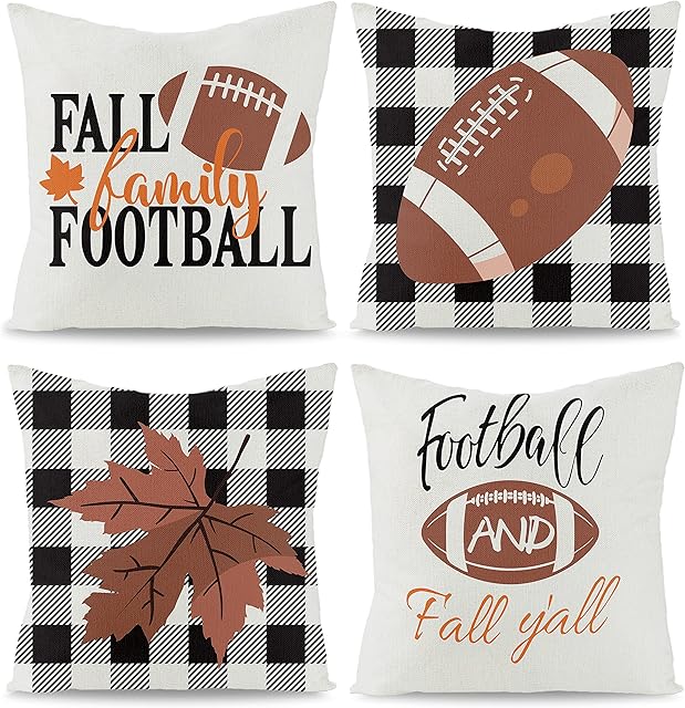 WATINC 4Pcs Fall Football Throw Pillow Covers Y’all Family Maple Leaves Buffalo Check Pillowcase Autumn Linen Cushion Cases Thanksgiving Farmhouse Party Decorations for Sofa Couch Bed Car 18 x 18 Inch