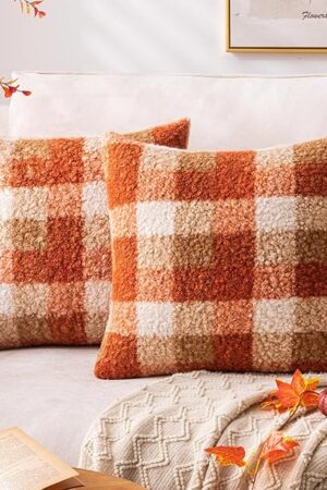 AQOTHES Orange Plaid Fall Throw Pillow Covers 18x18 Inch Set of 2, Boucle Decorative Pillow Covers,Cozy Fluffy Home Living Room Farmhouse Decor for Sofa Couch Bed