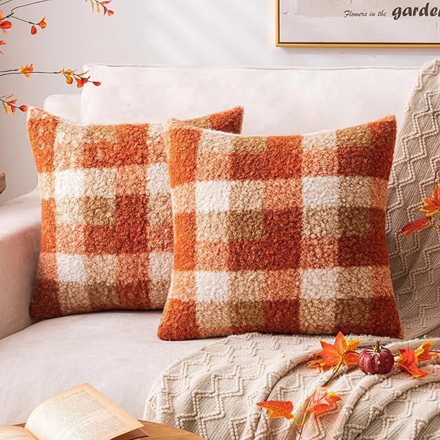 AQOTHES Orange Plaid Fall Throw Pillow Covers 18x18 Inch Set of 2, Boucle Decorative Pillow Covers,Cozy Fluffy Home Living Room Farmhouse Decor for Sofa Couch Bed