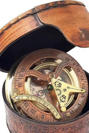 Brass Nautical - Antique Brass & Copper Sundial Compass, Sundial Clock in Box Gift Sun Clock Ship Replica Watch