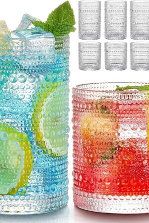 Vintage Hobnail Drinking Glasses Set of 8, 12 oz Highball Glasses & 10 oz Cocktail Glasses Set, Kitchen Water Glasses Cup, Bar Tumbler Glassware Set for Beer, Juice, Cocktail, Whiskey, Milk