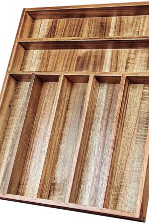 7-Compartment Acacia Wood Silverware Organizer Kitchen Utensil Drawer Organizer for Forks & Spoons