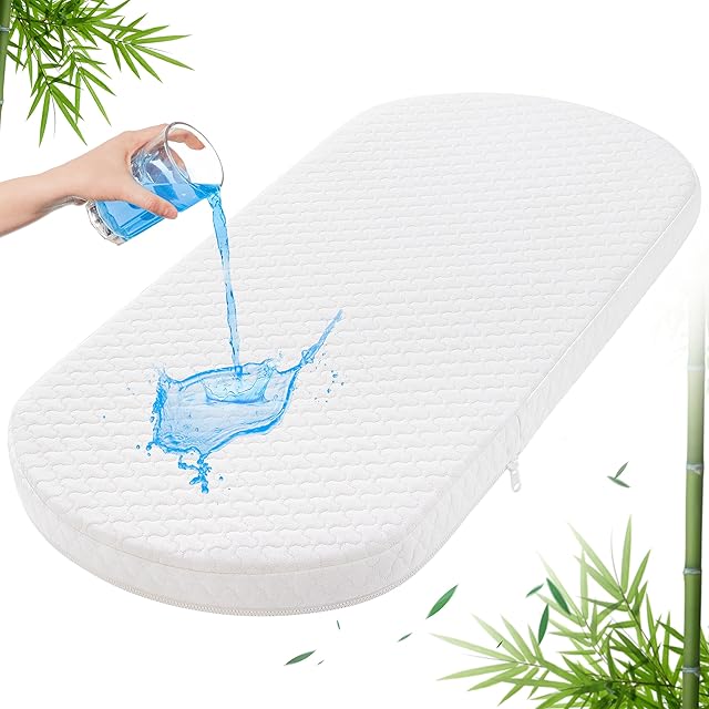 Baby Bassinet Mattress Pad 30"x15" Oval - Waterproof Bamboo Cover, Premium Foam, Breathable, Hypoallergenic, Non-Toxic Topper, for Cradle and Moses Basket