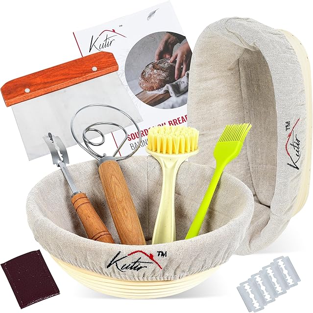 Banneton Bread Proofing Basket Set by Kutir - 9 Inch Round & 10 Inch Oval Sourdough Baskets with Linen Liner, Bread Lame, Dough Scraper - Baking Kit for Artisan Bread Making