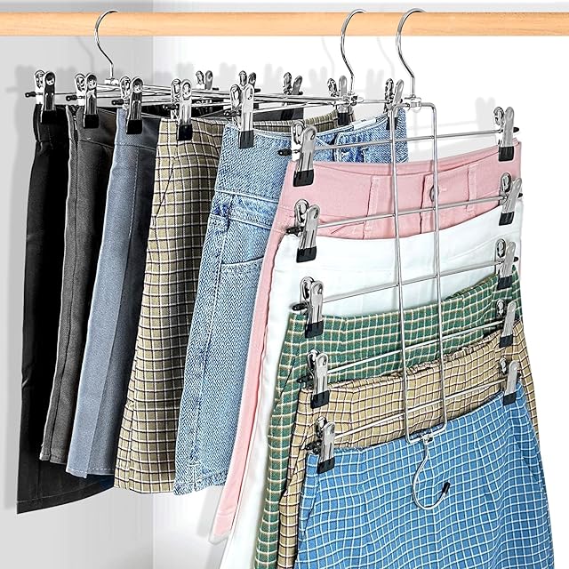 3 Piece Skirt Hanges Space Saving, Pants Hangers with Clips 5 Tier,Closet Organizers and Storager,Clothes Hanger Space Saver,Closet Organization for Skirt,Trousers,Jeans,Legging