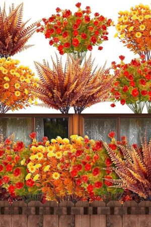 20 Bundles Artificial Fall Flowers for Outdoors Fall Decorations - UV Resistant Fake Mums Faux Fall Plants Plastic Flowers for Gardens Porch Fireplace Patio Home Indoor Autumn Thanksgiving Fall Decor