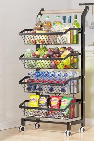 COVAODQ Snack Cart with Wheels 4-Tier Adjustable Fruit Rack Fruit Vegetable Basket Cart Metal Wire Storage Cart Rolling Pantry Utility Kitchen Cart