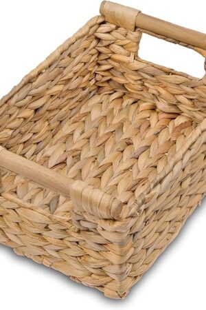 VATIMA Hyacinth Small Wicker Basket 11.6x8.1x4.9" - Bathroom Organizer, Wooden Handle, Decorative Storage