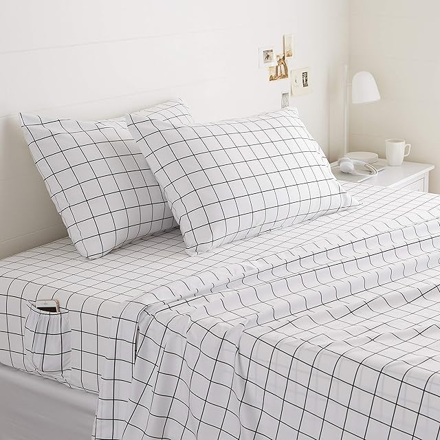 Amazon Basics Soft Microfiber 4-Piece Bed Sheet Set with Elastic Side Pockets, Full, Black Grid, Geometric