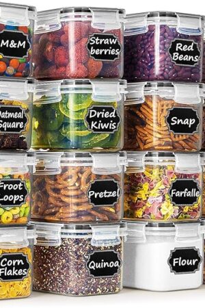 Wildone Cereal & Dry Food Storage Container Set of 16 [0.8L /3.38 Cups] for Sugar, Flour and Baking Supplies, Airtight Leak-proof & BPA Free, with 20 Labels & 1 Marker