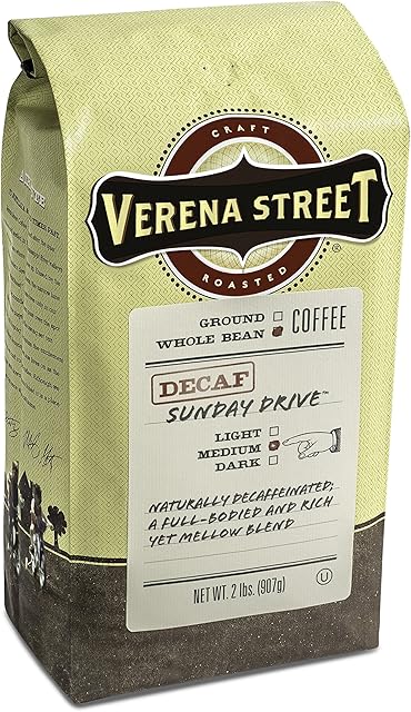 Verena Street 2 Pound Whole Bean, Swiss Water Process Decaf Beans, Sunday Drive Decaffeinated, Medium Roast Rainforest Alliance Certified Arabica Coffee