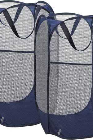 2 Laundry Baskets, pop-up Laundry Baskets, Foldable mesh Laundry Baskets (Each with 2 Reinforced Handles, Blue