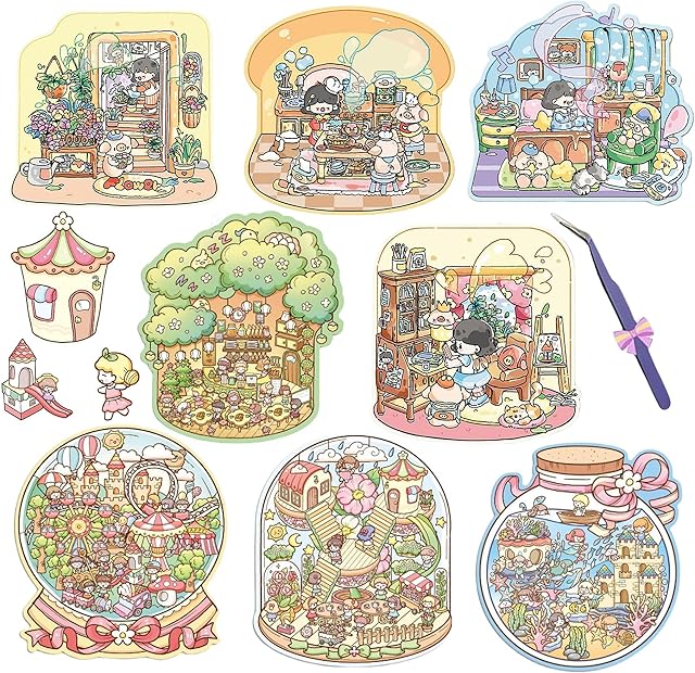 The DSNJPZX 8 Sets DIY 3D Sticker Scene - Cute and Funny Cartoon Sticker Scenes - Make Your Own Stickers - Scene Stickers for Adult Kids Relief Stress Pass The Time